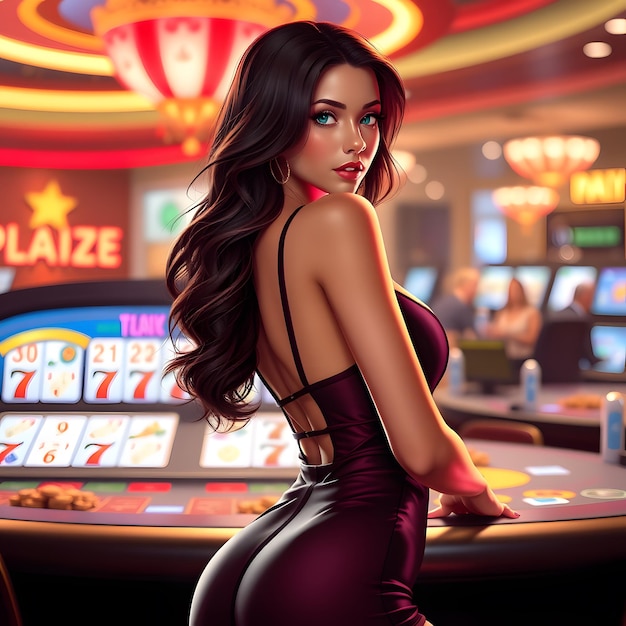 a woman in a dress is standing in front of a casino sign