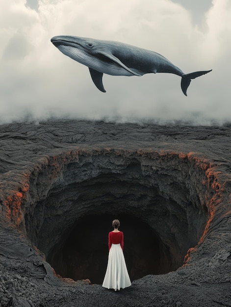 Photo a woman in a dress is standing in front of a dolphin