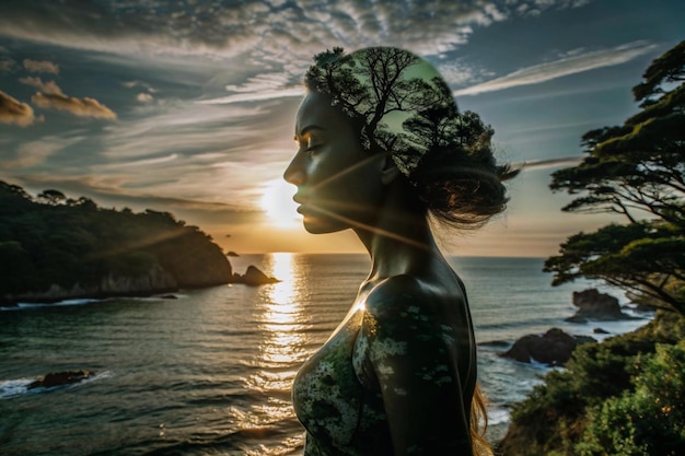 a woman in a dress is standing in front of a sunset