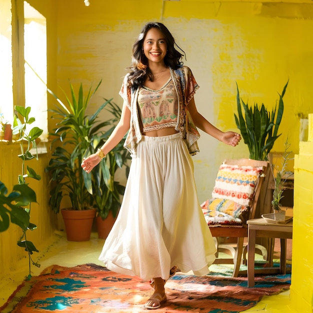 a woman in a dress is standing in front of a yellow wall