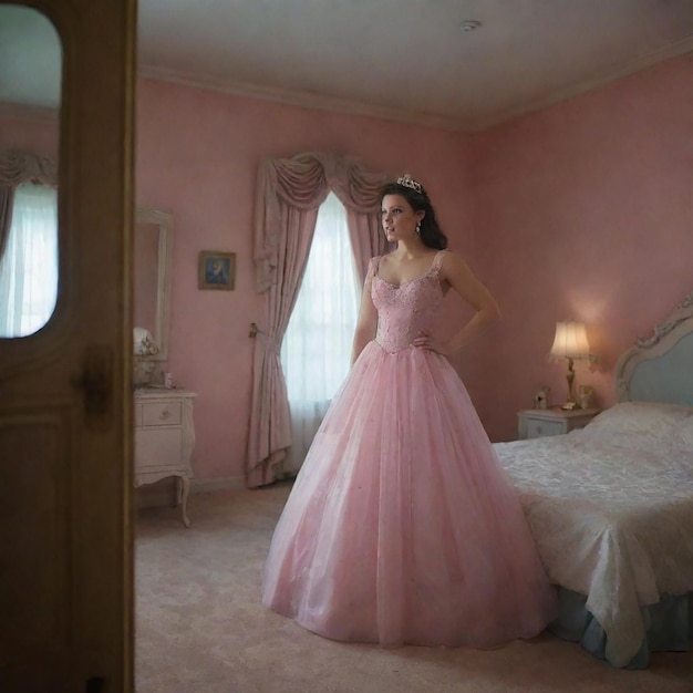 Photo woman in a dress is standing in a room with a bed and a mirror