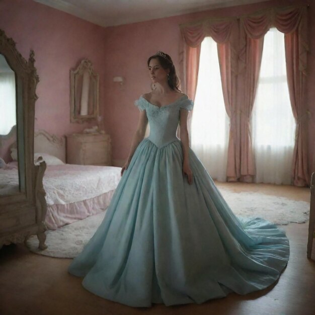 Photo woman in a dress is standing in a room with a bed and a mirror