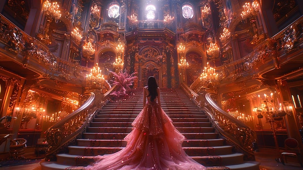 a woman in a dress is standing on a staircase