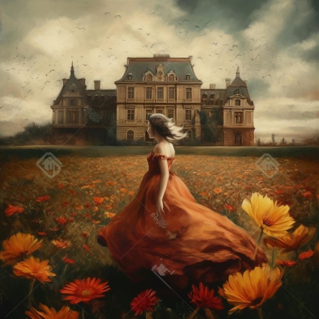 A woman in a dress is walking in a field of flowers with a castle in the background.