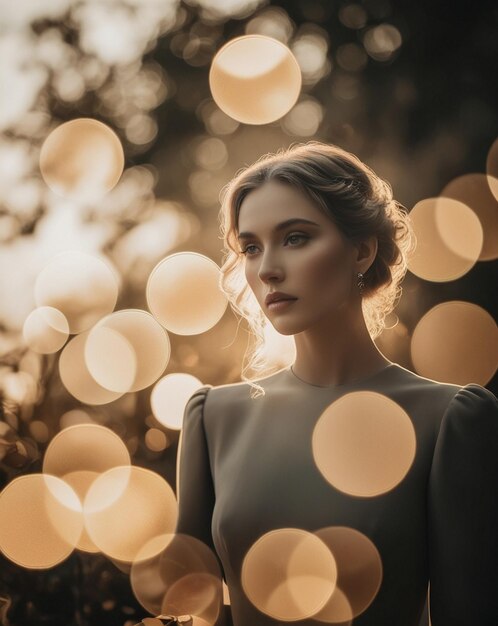 Photo a woman in a dress and a light in the background