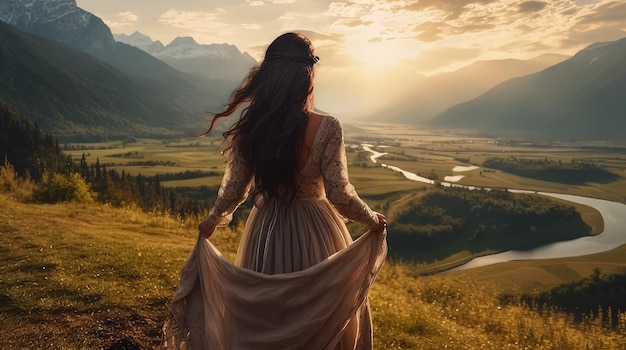 a woman in a dress looking out over a valley