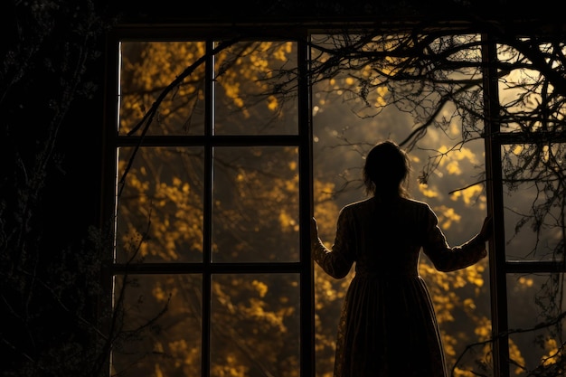 Woman in Dress Looking out Window