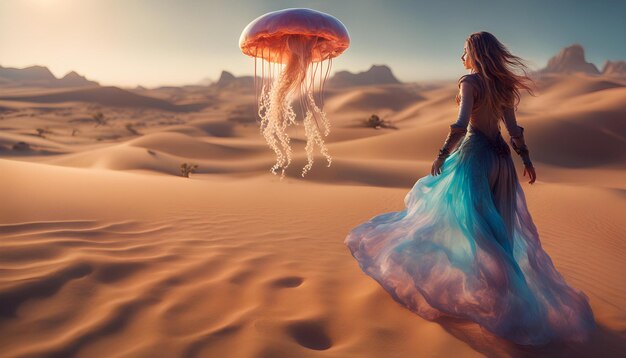 a woman in a dress and a mermaid in the desert