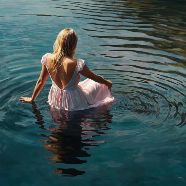 Photo a woman in a dress sits in the water with the words shes a mermaid on the bottom