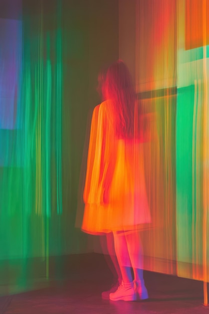 a woman in a dress standing in front of a colorful curtain