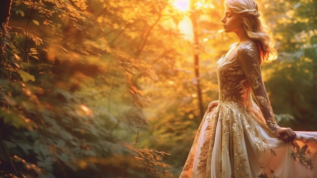 A woman in a dress stands in a forest with the sun shining on her face.