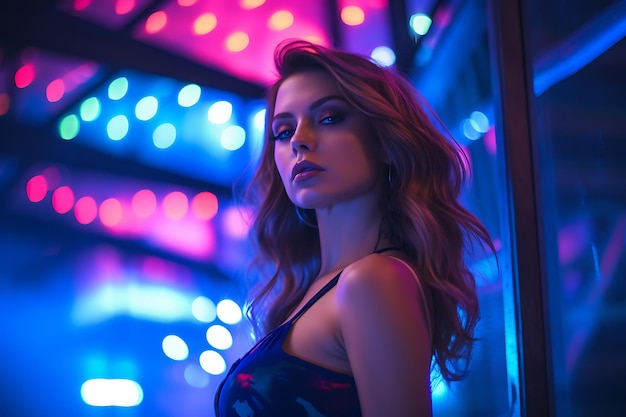 a woman in a dress stands in front of a colorful lights nightlife beauty photography concept