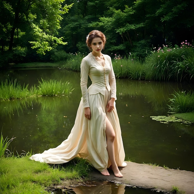 a woman in a dress stands in front of a pond