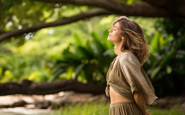 Photo a woman in a dress stands in front of a tree