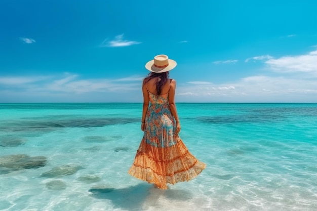 A woman in a dress stands in the water and looks at the ocean.