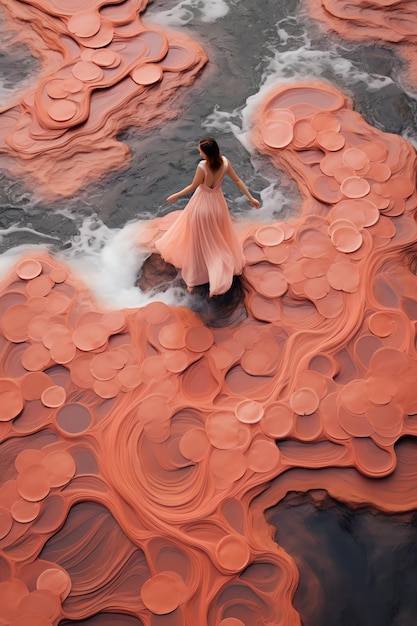 a woman in a dress walking in water