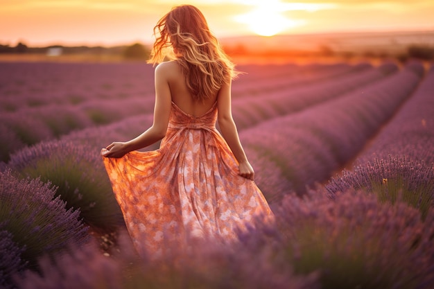 A woman in a dress walks through a lavender field