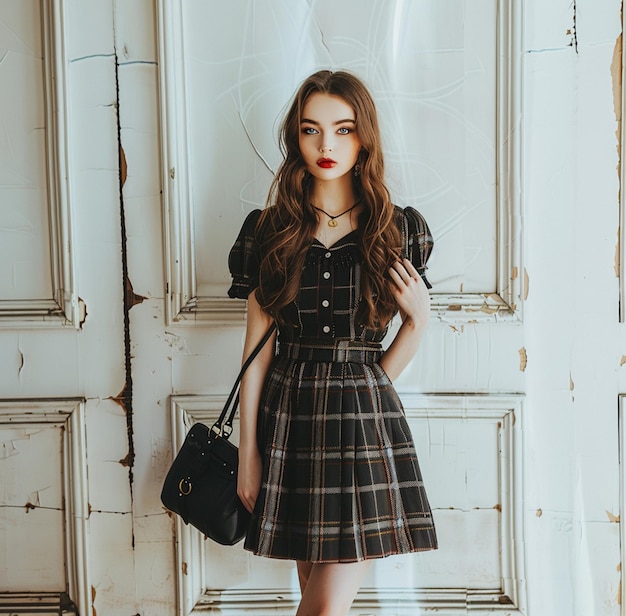 Photo a woman in a dress with a black purse and a black purse