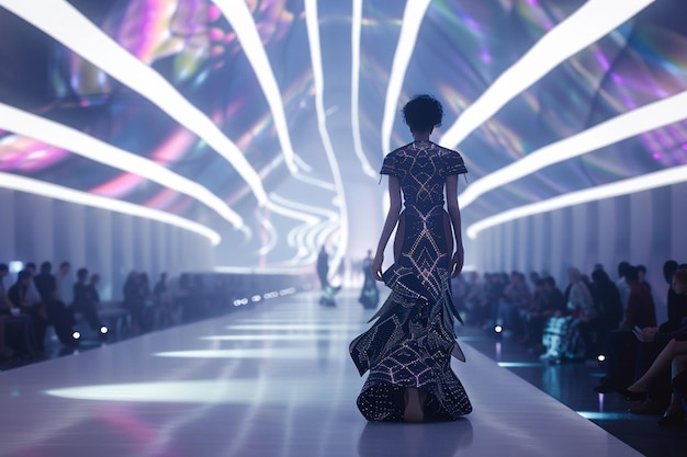 a woman in a dress with a colorful light behind her