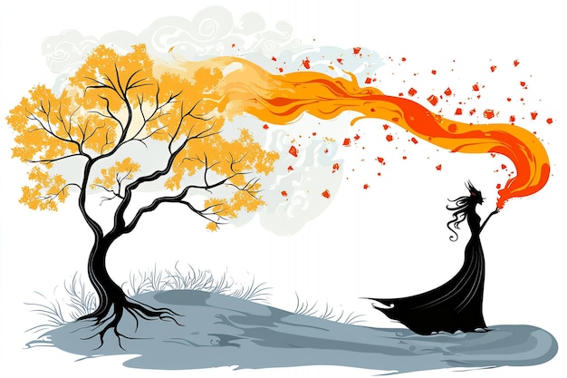 Photo woman in a dress with flames emerging from a tree