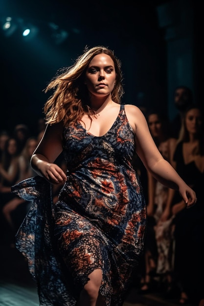 A woman in a dress with a floral print on it walks down a runway.