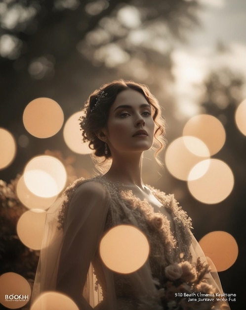 Photo a woman in a dress with flowers in the background