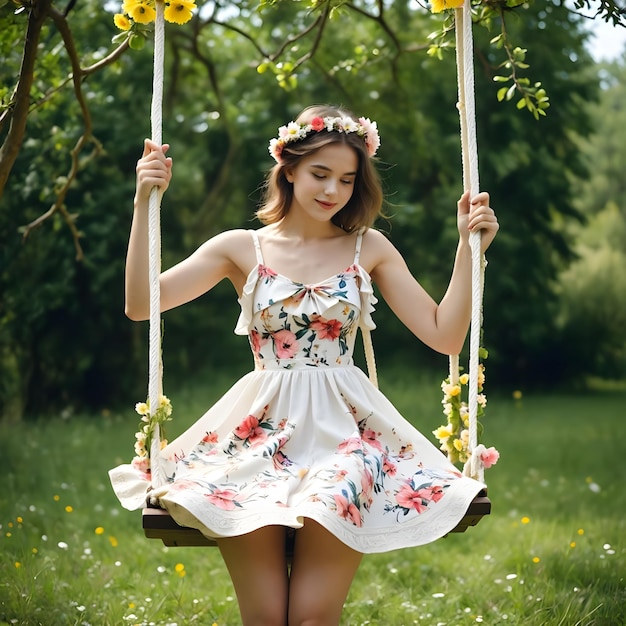 Photo a woman in a dress with flowers on her head is holding a swing