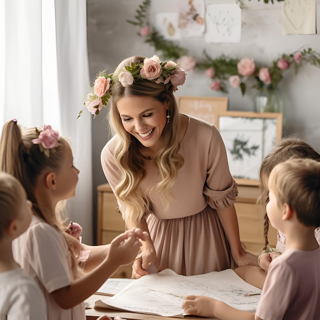 a woman in a dress with flowers on her head is reading a book.