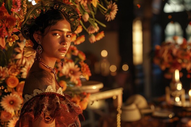 a woman in a dress with flowers on her head and the word  she is