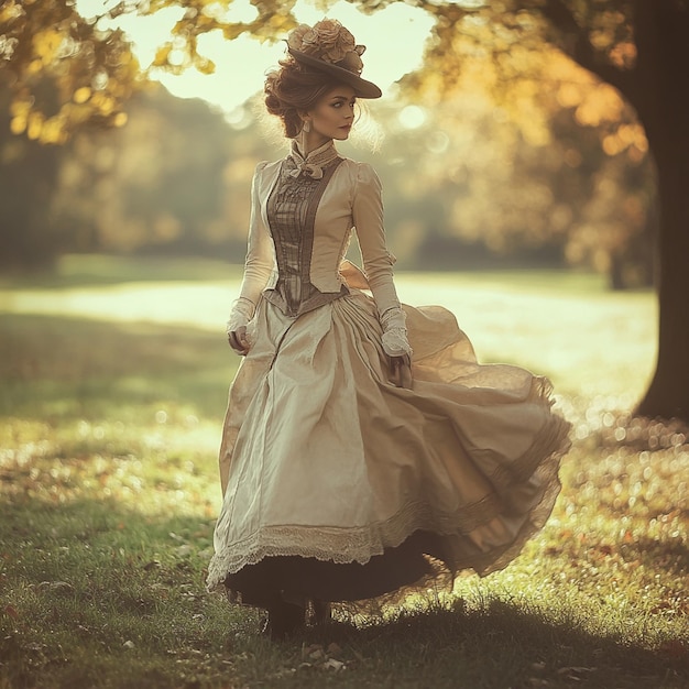 Photo a woman in a dress with a hat on her head is standing in a field