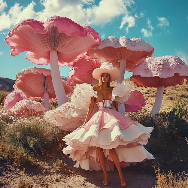 a woman in a dress with a hat on sitting in the grass