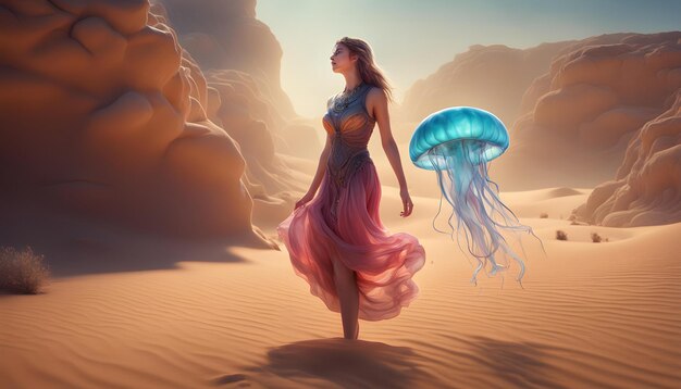 a woman in a dress with a jellyfish in the background