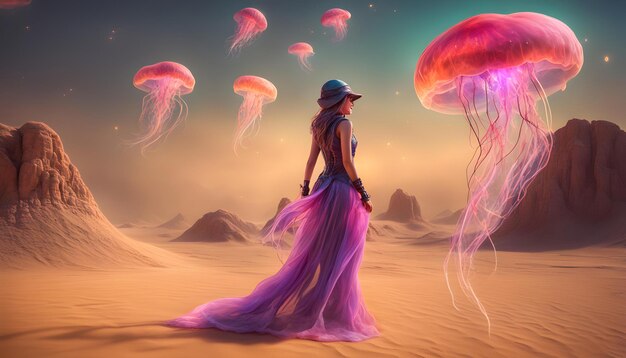 a woman in a dress with jellyfish on her head is standing in the desert