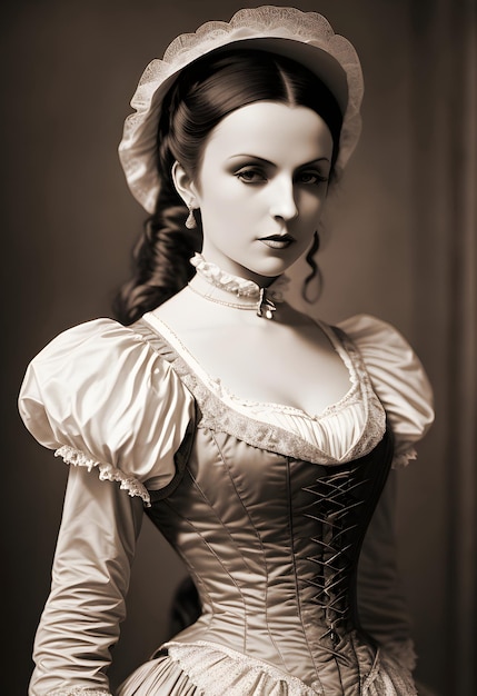 A woman in a dress with a lace collar and a white shirt.