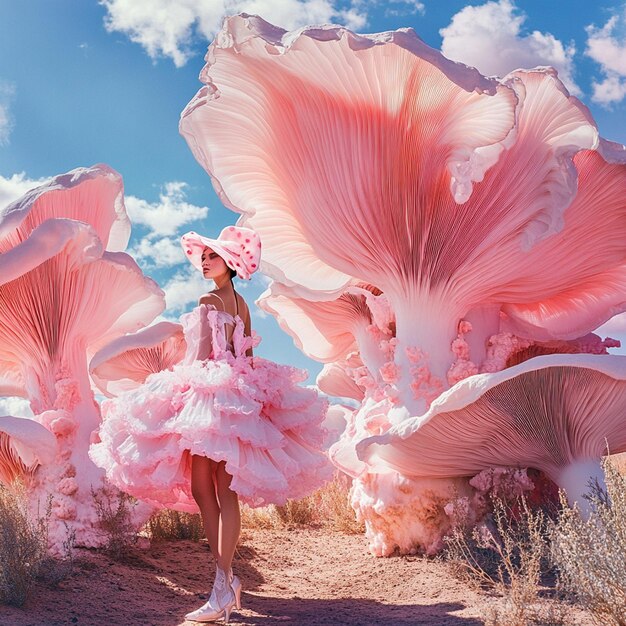 a woman in a dress with a large pink flower on it