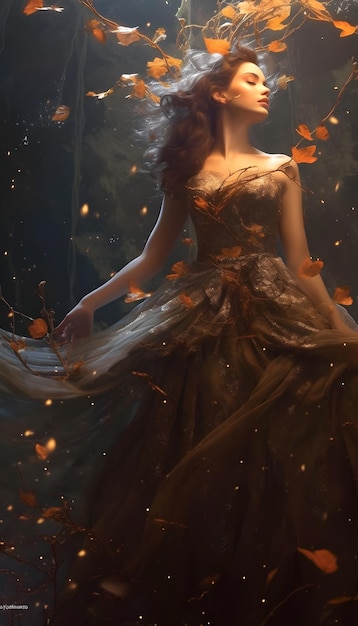 A woman in a dress with leaves on it