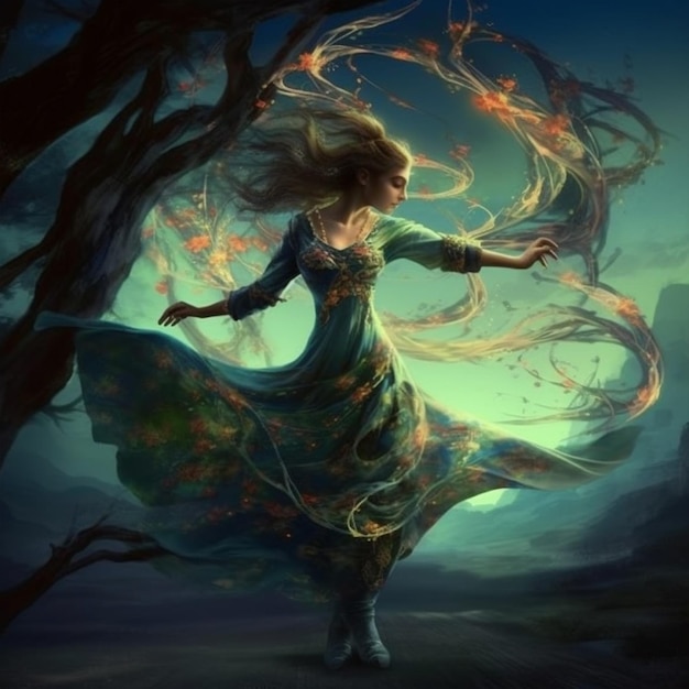 A woman in a dress with long hair and a flowered dress is dancing in the dark.