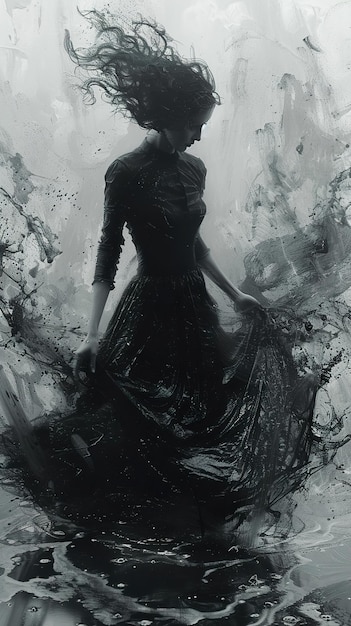 a woman in a dress with a long skirt is standing in a puddle of water