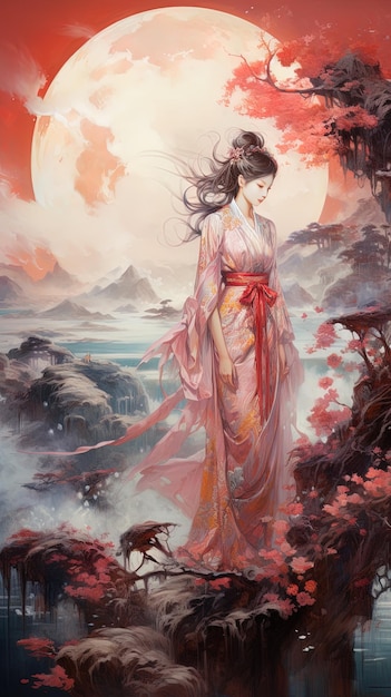 a woman in a dress with a red ribbon on her neck is standing in a mountain landscape