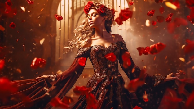 A woman in a dress with red roses on it