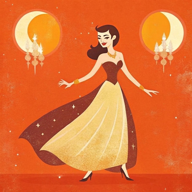 Photo a woman in a dress with a yellow and orange background with the words quot she is dancing quot