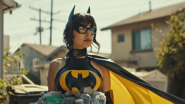 Photo a woman dressed as batgirl stands in a residential neighborhood holding a bag of recyclables