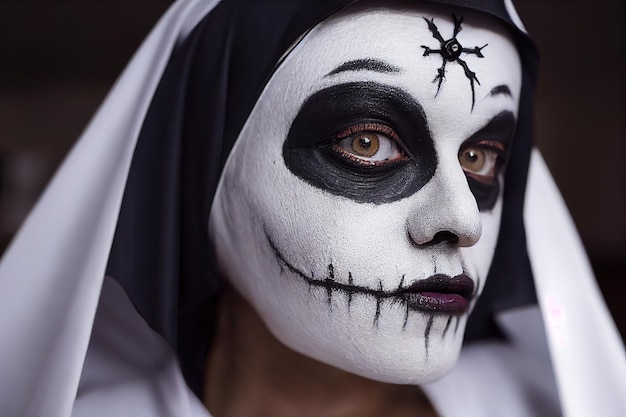 Woman dressed as a nun for Halloween with skull makeup