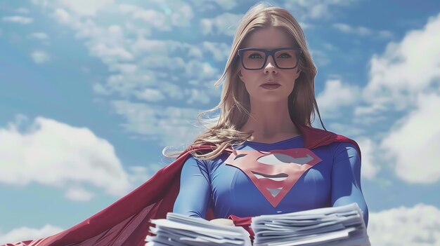 A woman dressed as a superhero holds up a stack of papers in front of a blue sky