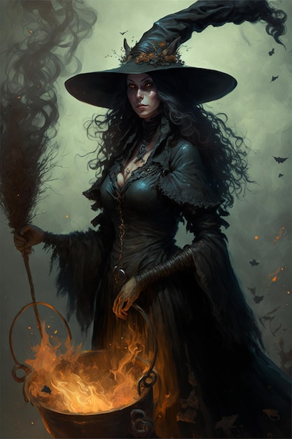 Woman dressed as a witch holding a broom generative ai