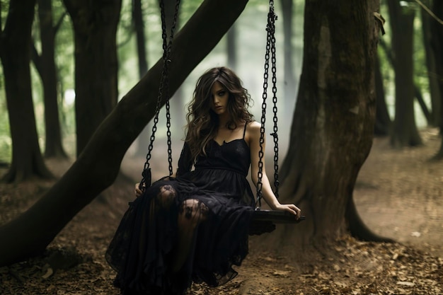 woman dressed in black is sitting on a swing