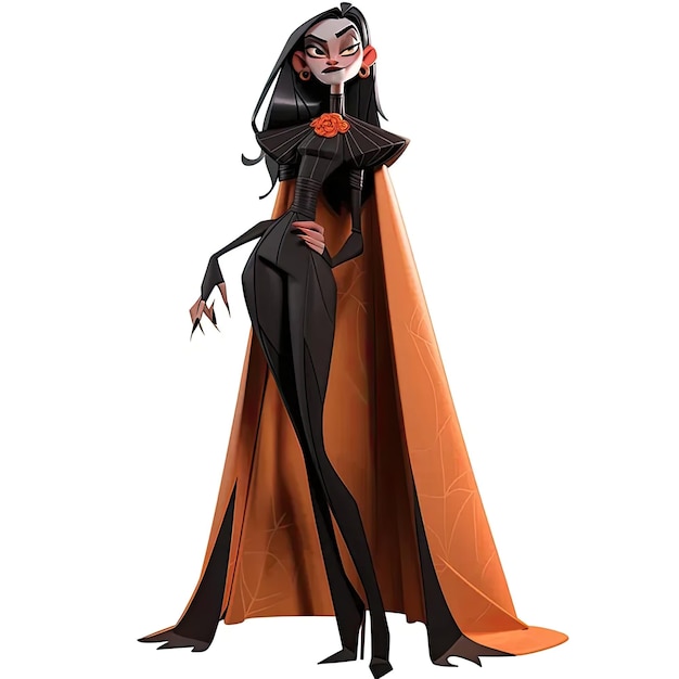 A woman dressed in a black and orange costume