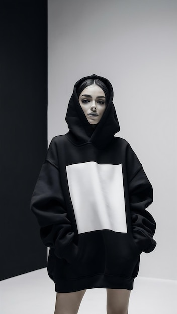 Photo woman dressed in a black oversized hoodie with blank space ideal for a mockup set agnst