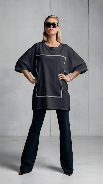 Photo woman dressed in a black oversized tshirt with blank space ideal for a mockup set agnst gray backgr