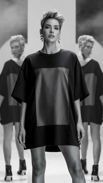 Photo woman dressed in a black oversized tshirt with blank space ideal for a mockup set agnst